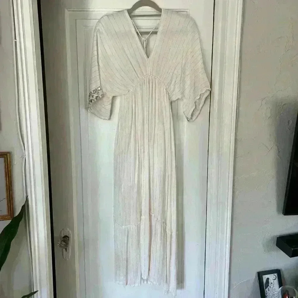 Ivory Boho Mirror Embellished Maxi Dress Viscose Kaftan Festival Beach Resort - Picture 17 of 17